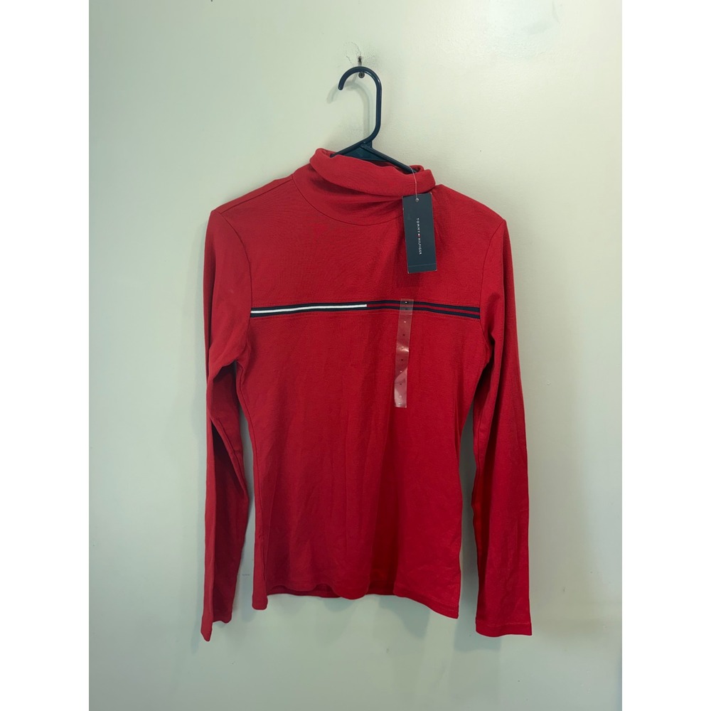Tommy Hilfiger Womens Red Turtleneck Long Sleeve Stripe Top A90232438 M NEW